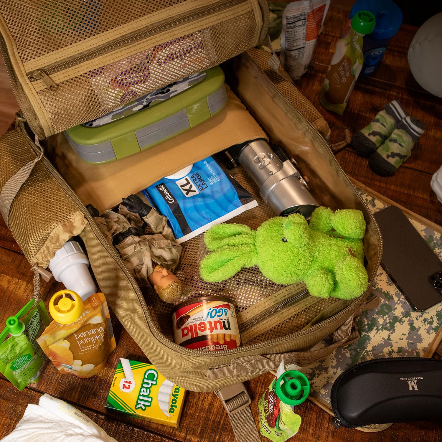 Dad Diaper Bag for Men with Removable Morale Patches, Waterproof Changing Pad, Insulated Pouches, Molle Webbing, YKK Zippers, Coyote Brown