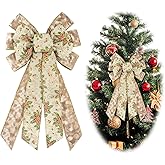 LANGFON Christmas Bow Decor Bows Luxury Beige with Red Holly Christmas Bow for Wreath, New Year Tree Topper Bows for Front Doors, Holiday Trees & Festive Indoor Outdoor Decor Ornament Supplies