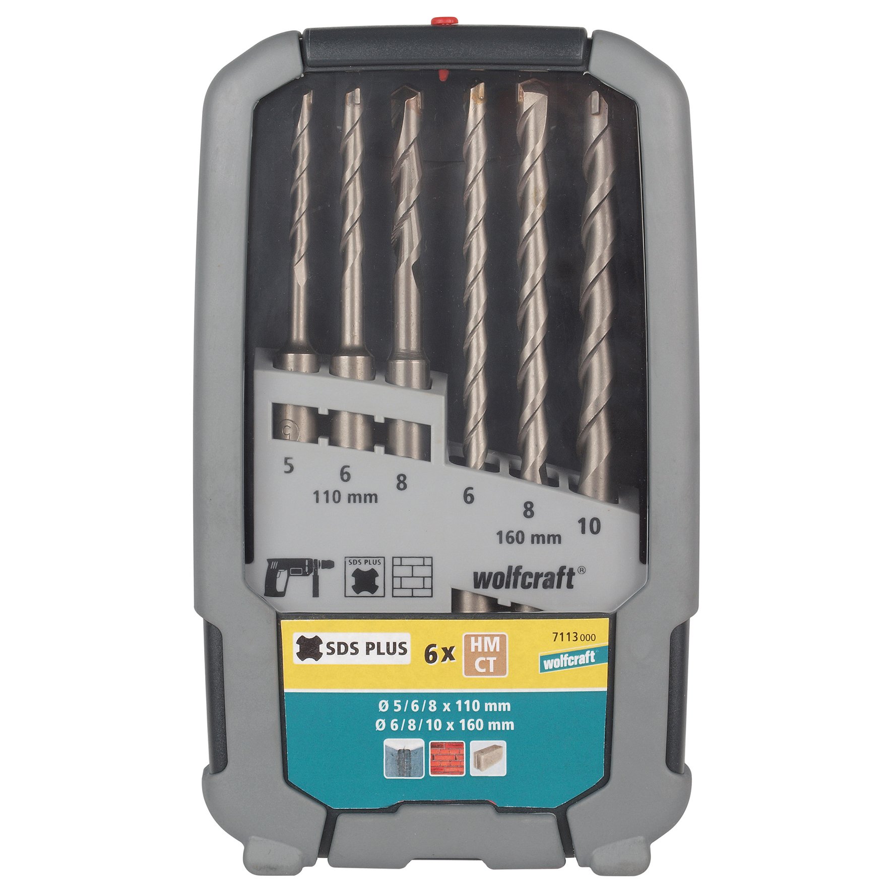 wolfcraft TC Hammer Drill Bit Set "Standard" 6 Pcs., SDS Plus Shank I 7113000 I for Drilling into Concrete, Natural Stone and Artificial Stone