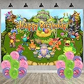 Singing Monster Birthday Party Decoration,Monster Party Photo Background 5 x 3 FT and 18 Pcs Balloon,Merch Party Backdrop Supplies