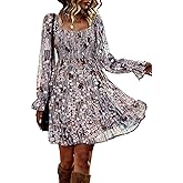 BTFBM Womens Long Sleeve Dress Vacation Square Neck Smocked Floral Swiss Dot Mini Boho Spring Wedding Guest Dresses 2026