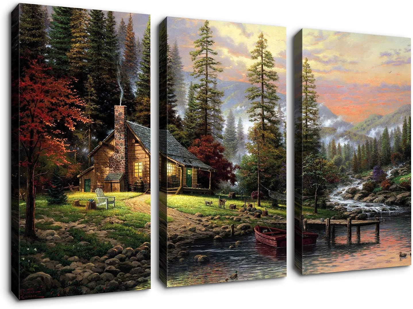 Paintings - Denozer - 3 Panels Canvas Wall Art Thomas Kinkade Garden Landscape Oil Painting for Home Decor Stretched and Framed Ready to Hang - 16