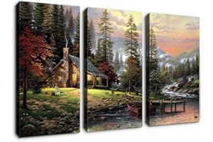 Denozer - 3 Panels Canvas Wall Art Thomas Kinkade Garden Landscape Oil Painting for Home Decor Stretched and Framed Ready to Hang - 16"x32"x3 Panels Wall Decor