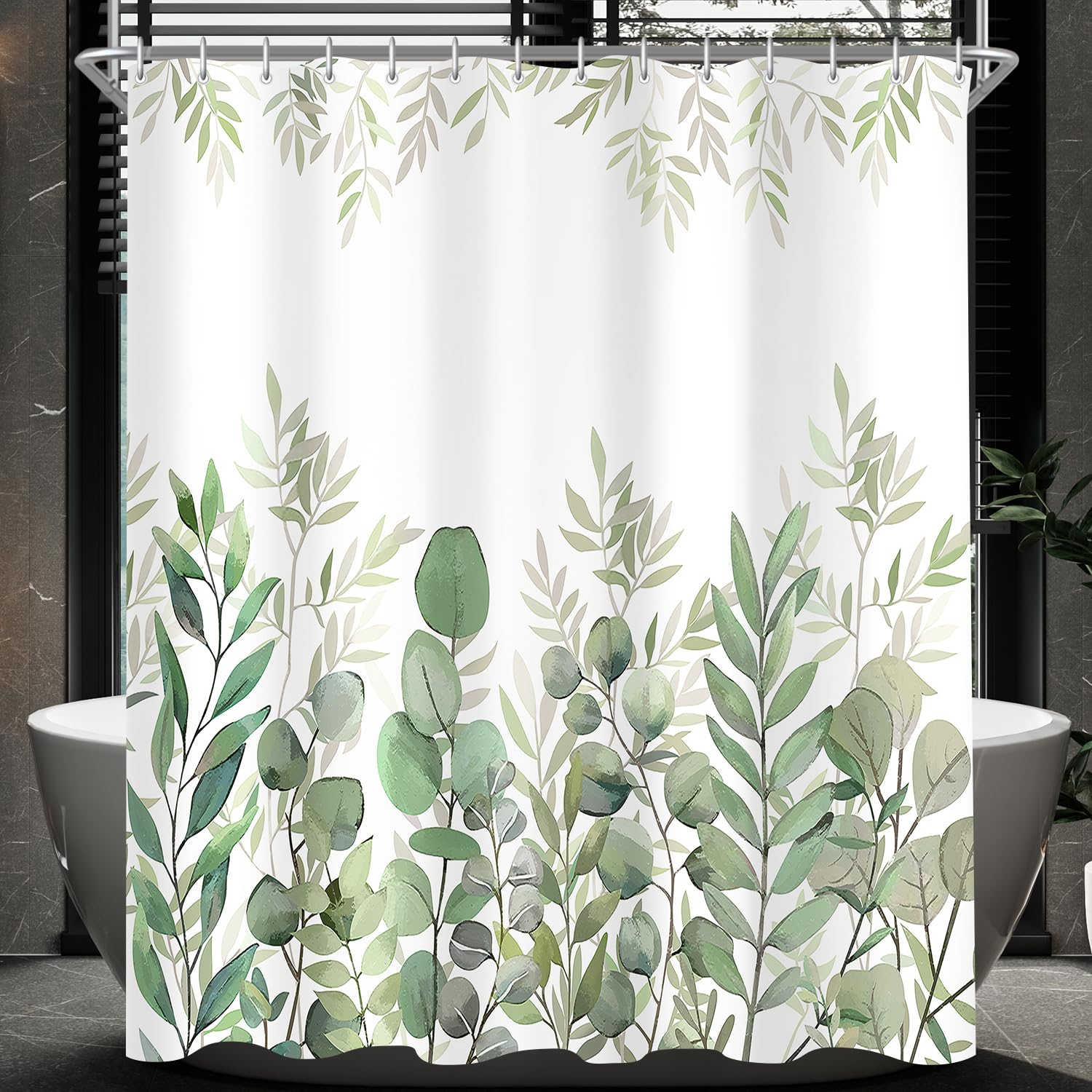 Lerores Shower Curtain, 200 x 200 cm, Leaves, Weighted Hem, Anti-Mould Textile, Waterproof Surface, Washable Polyester Fabric Bath Curtains for Bathroom, Bathtub with 12 Shower Curtain Rings