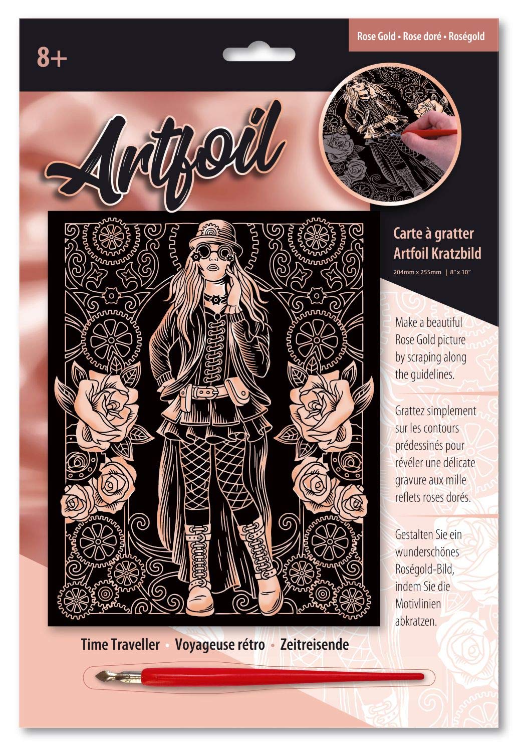 Mammut Spiel & Geschenk Artfoil 8301950 Fantasy Motif Time Travellers, Rose Gold, Complete Set with Scratching Picture, Scratching Knife and Instructions, Scraper, Scratch, Shiny, Scratching Set for Children from 8 Years