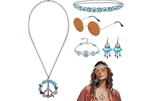 PiinRoon Hippie Costume Accessories, 5 Pcs Hippie Accessories Set, Peace Sign Necklace Sunglasses Earrings Headband Bracelet