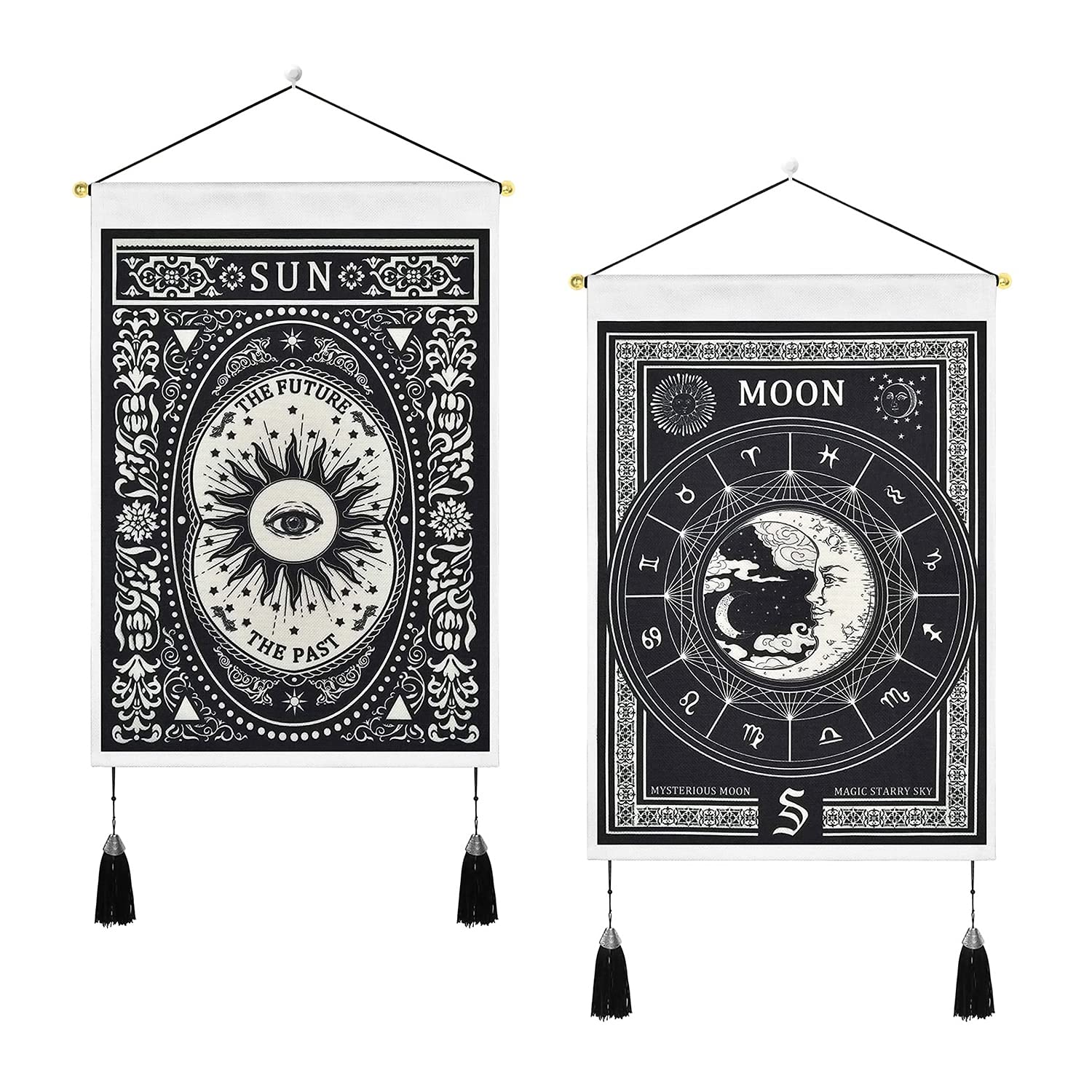 Tapestry Wall Hanging, 2 Pcs Small Tapestries Sun and Moon Tarot Wall Hangings for Bedroom Aesthetic, Mysterious Abstract Gothic Home Decor Macrame Mandala Tapestry Accessories for Wall Art (35x50cm)