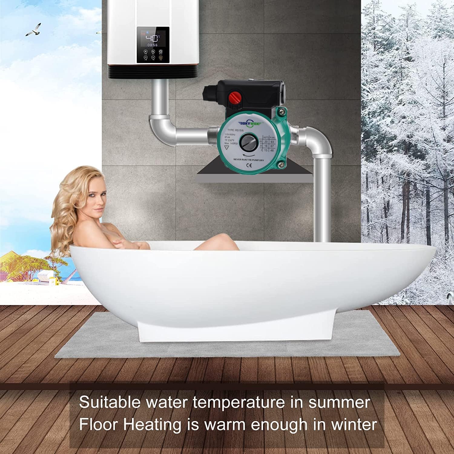 BOKYWOX 110-120V 3/4'',3-Speed Food Grade Domestic Circulation Pump Hot Water Circulator Circulating Pump (RS15-6SG)