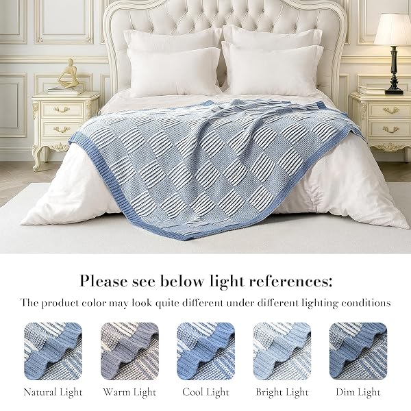 AMÉLIE HOME KNIT THROW BLANKET, SOFT CHENILLE COZY BREATHABLE DUAL TONE CHECKERED CHUNKY DECORATIVE BLANKET FOR COUCH, BED & SOFA, FRENCH LIGHTWEIGHT WARM GIFT FOR WOMEN, WASHED BLUE, 60″X80″
