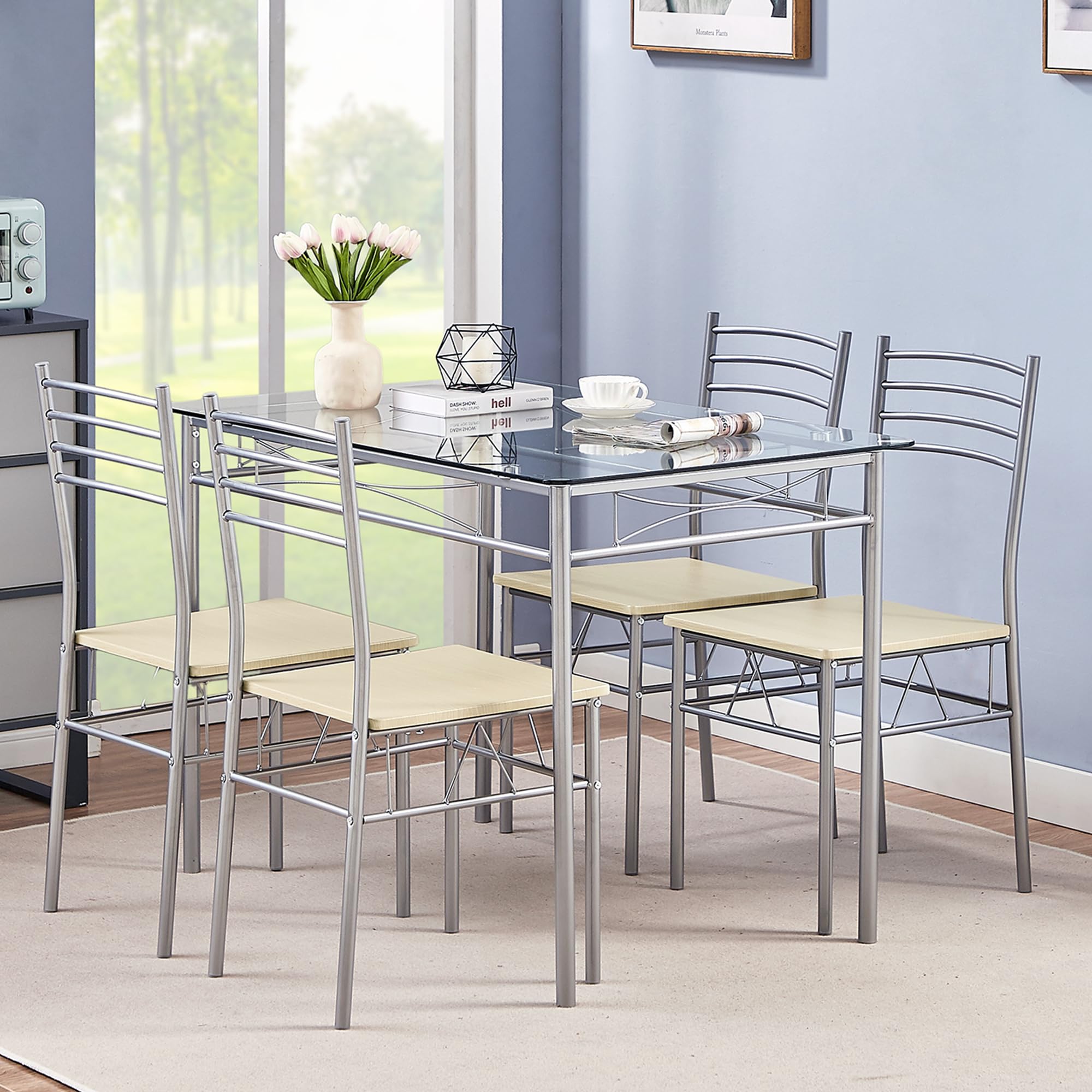 Photo 1 of ****REFERENCE****VECELO Kitchen Dining Room Table and Chairs 4, 5-Piece Dinette Sets, Space Saving (Silver)
