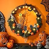 Knitgrip Halloween Skeleton Wreath for Front Door 16'' Halloween Light up Wreath with Faux Skeleton Bat Tombstone and Pumpkin for Door Window Porch Wall Decor