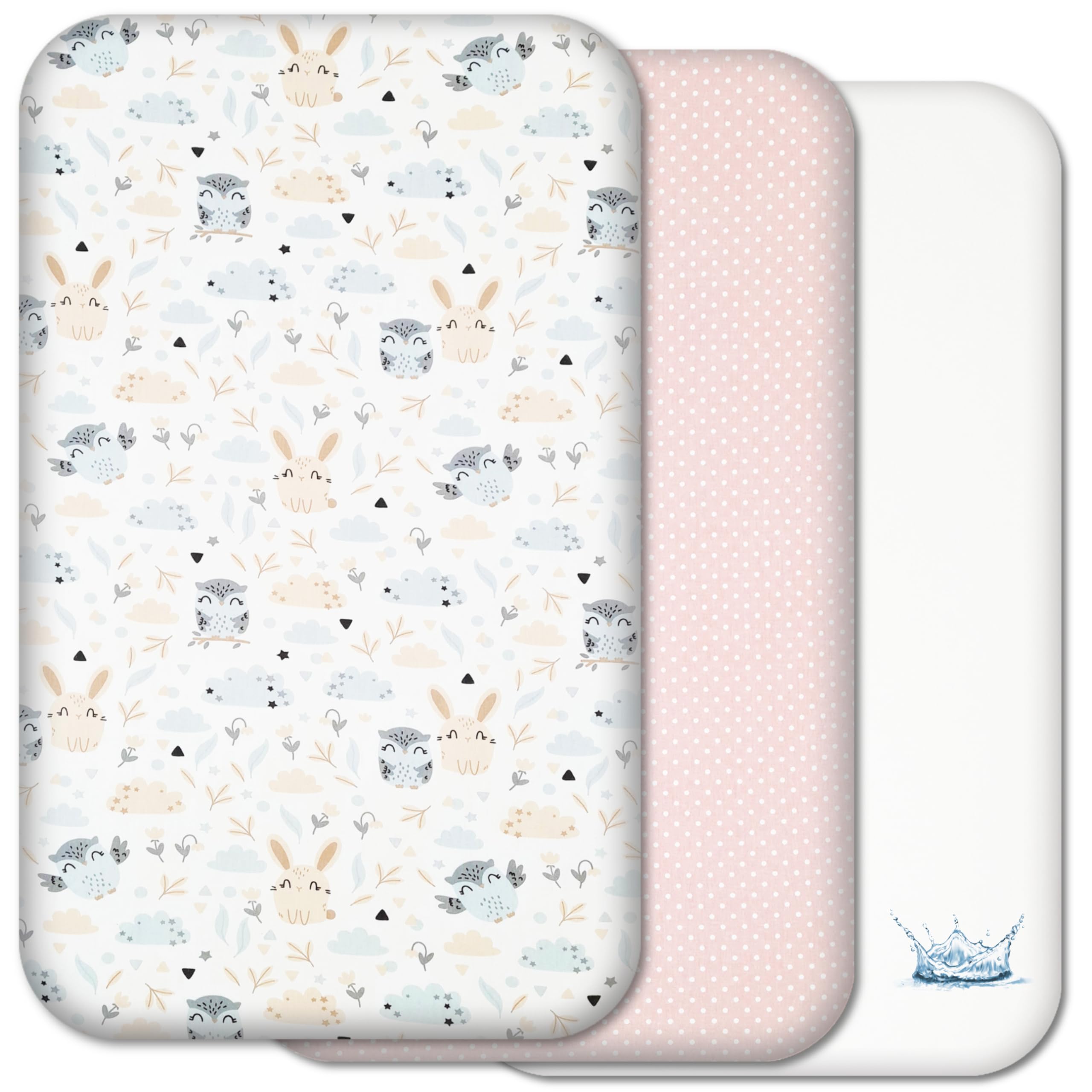 Next to Me Crib Sheets - 3pc Crib Fitted Sheet Set - 2 Fitted Cotton Sheets and 1 Waterproof Mattress Protector for Bedside Cribs - 100% Organic Cotton - Made in Europe (Cute Animals&Dots, 83x50cm)