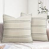 18X18 Decorative Farmhouse Linen Throw Pillow Covers, Boho Textured Pillow Case Set of 2 ,Beige with White & Black Stitch Yarn Dyed Stripe Cushion Cover ,Modern Accent Square Pillowcase for Sofa Couch