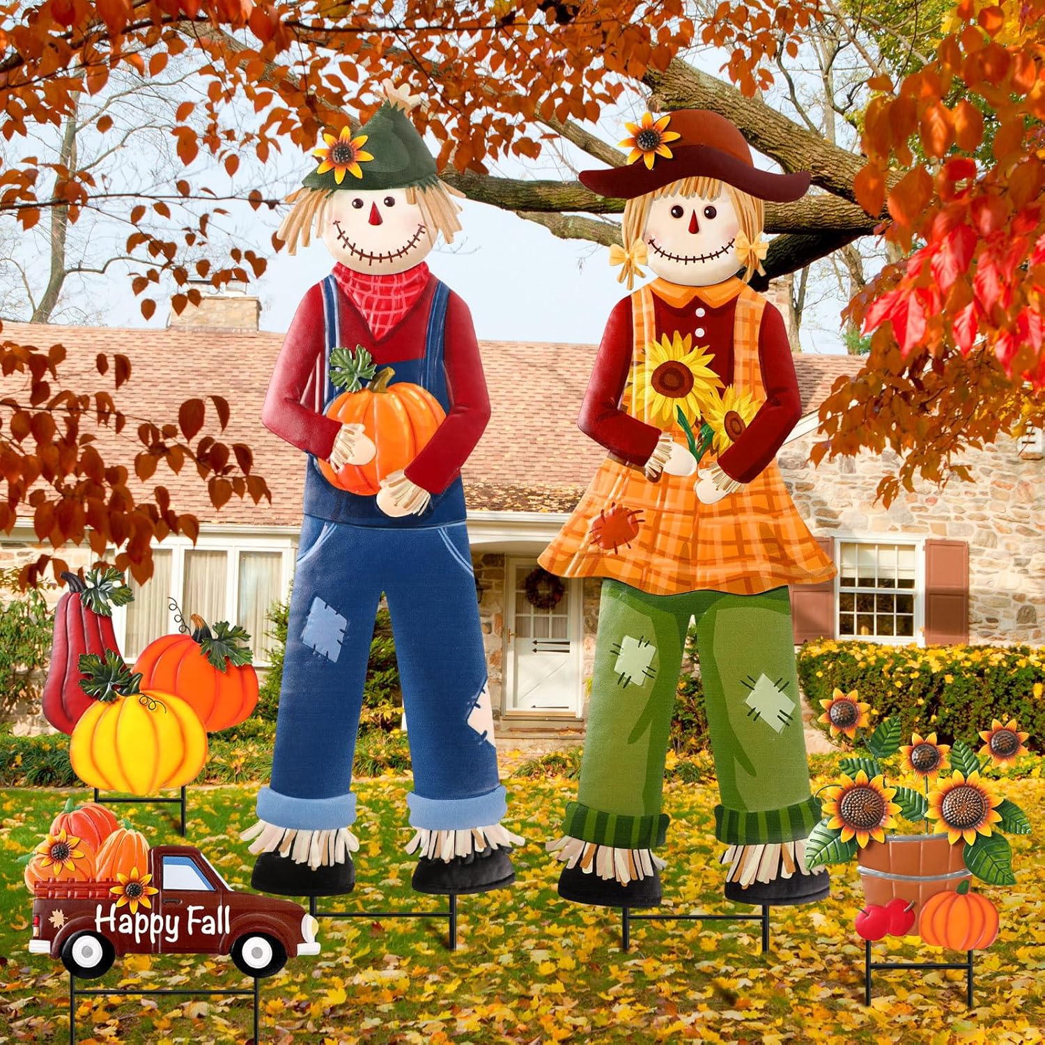 Decorative Garden Stakes - 5 Pcs Fall Thanksgiving Scarecrow Yard Stakes Metal Set 30 Inch Large Fall Decorations Outdoor Pumpkin Sunflower Truck Scarecrows Thanksgiving Porch Decor Fall Metal Yard Stakes for Garden
