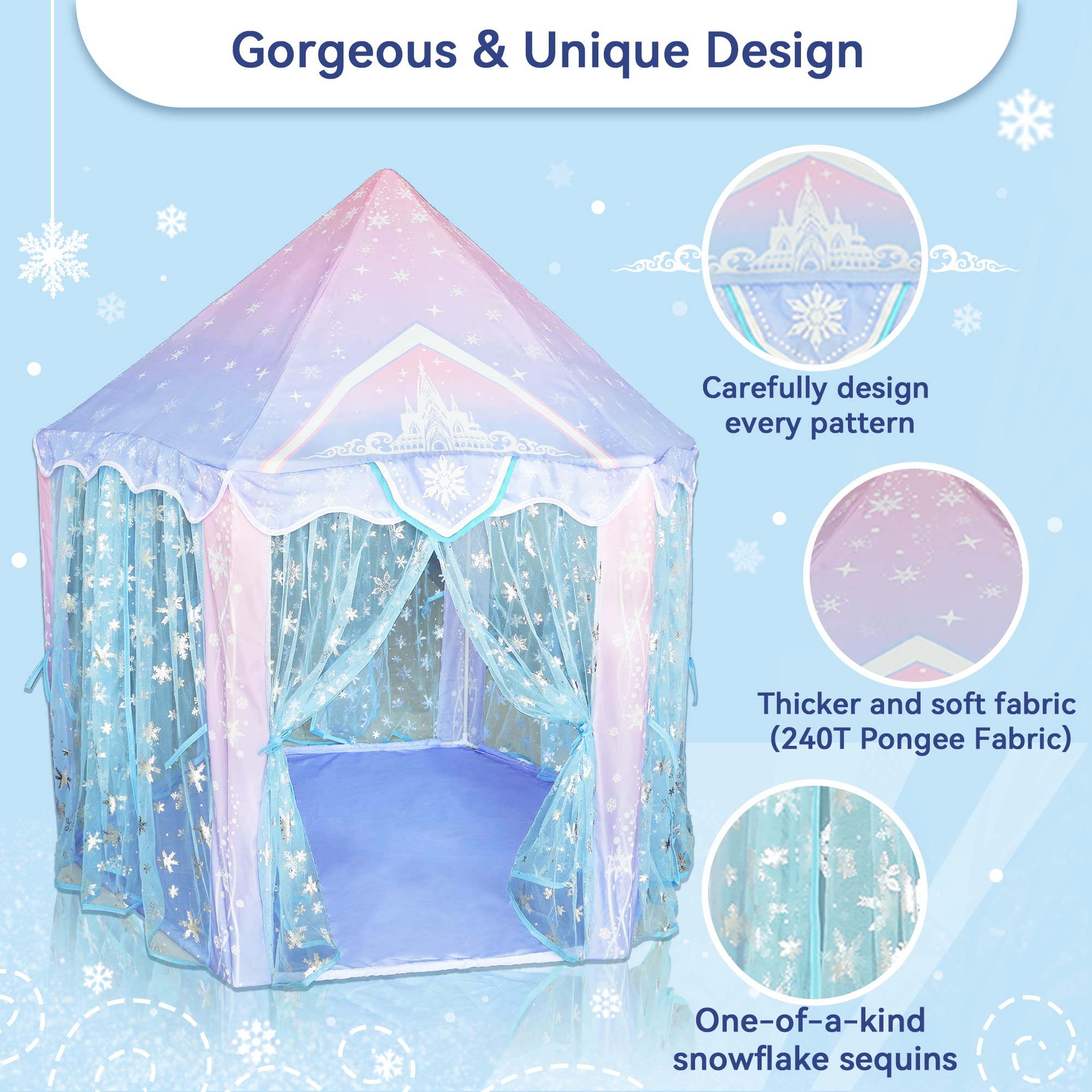 Princess Tent, Frozen Toy for Girls, Large Playhouse Ice Castle Play Tent for Kids with Snowflake, Toddlers Indoor & Outdoor Imaginative Games, Birthday Gifts for Girls, 55'' x 53''