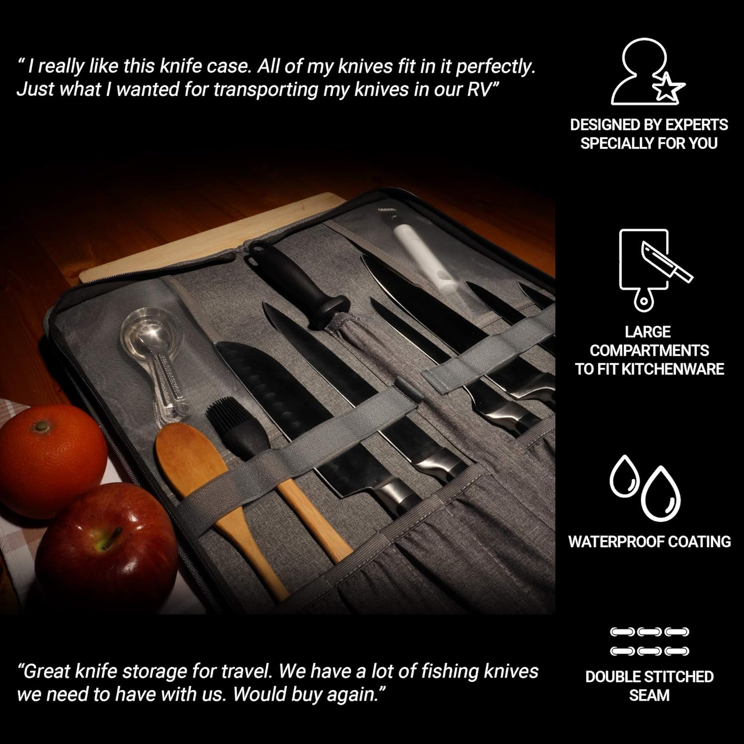 Chef Knife Bag Travel Folder Extended Knife Case | 8 Pockets for Knives, Kitchen Tools & Camp Accessories | Special Slot for Honing Rod | Durable Knife Holder for Chefs & Culinary Students (Grey): Kitchen & Dining