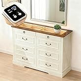 Farmhouse Dresser for Bedroom with 8 Drawers, High Dressers with Jewelry Drawer Glass Top Dresser, Chests of Drawers with LED