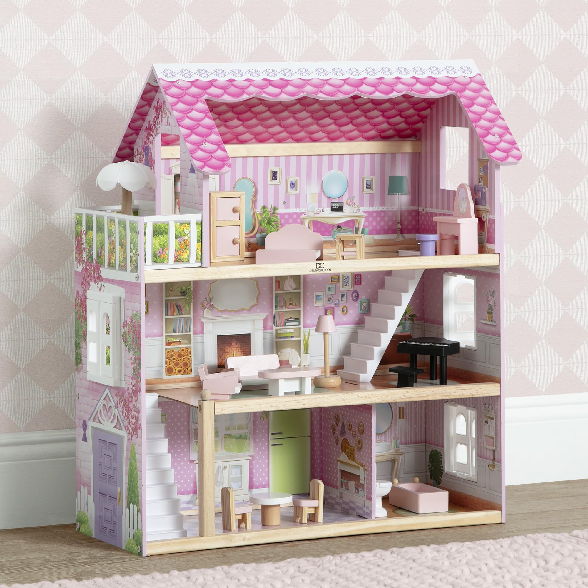 Delta Children Little Gem Dollhouse - 3-Story Dollhouse with 4 Rooms - Includes 16 Accessories - Fits 5-inch Dolls - Pretend Play Dream Gift for Ages 3+