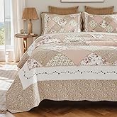 Brandream Queen Size Quilt Set Cotton Patchwork Quilts Blush Pink Country Floral Bedding Patchwork Quilted Comforter Set 3-Piece