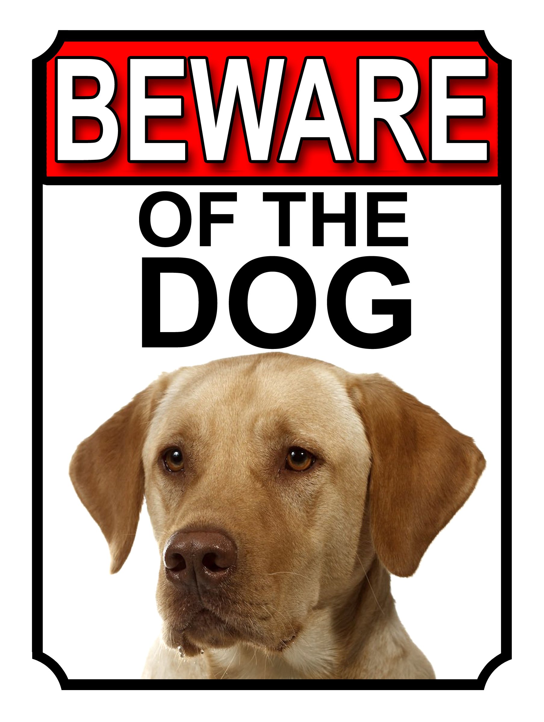SHAWPRINT BEWARE OF THE DOG METAL GATE SIGN YELLOW LABRADOR 200MM X 150MM (1164H1)
