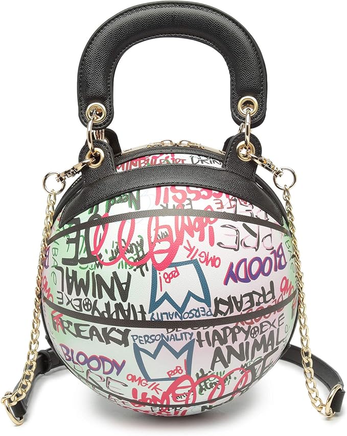 Graffiti Printing Letters Basketball Shaped Round Bag Women's Shoulder