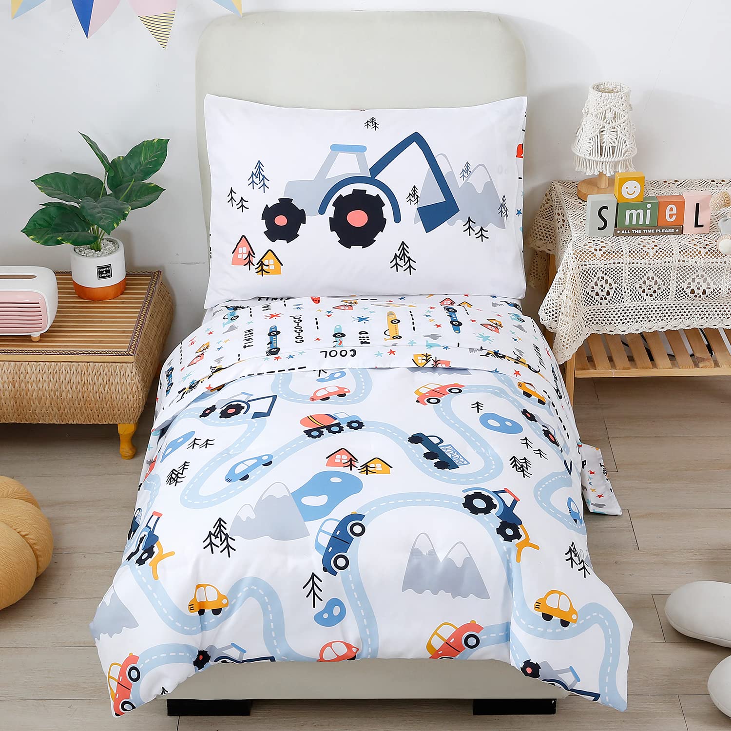 STYHO Duvet Cover Set for Boys Colorful Cars Pattern Quilt Cover Ultra Soft Microfiber Kids Children Comforter Cover for All Season Use(White, Double)
