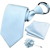 Branduce 3.15"(8cm) Pre-tied Adjustable Zipper Tie and Lapel Pin Solid Necktie Handkerchief Set for Men
