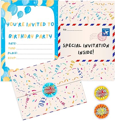 BestaFiesta 36 Kids Birthday Invitations Folding Envelopes Holographic Stickers