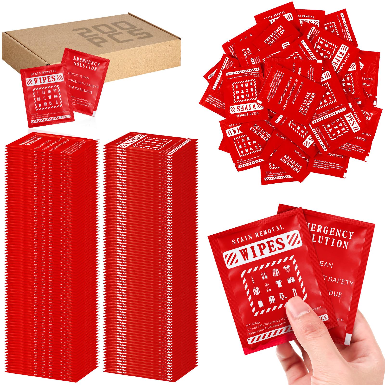 Timgle 200 Pcs Stain Remover Wipes Individual Wrapped Wipes Stain Remover Mini for Clothes Fabric Laundry Carpet Messy Eater Car Seat Upholster Clean (Red)