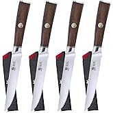 KYOKU 5 Inch Steak Knife Set of 4 - Daimyo Series Japanese 440C Stainless Steel Serrated Steak Knives - Ergonomic Rosewood Handles Mosaic Pins - with Sheaths & Case