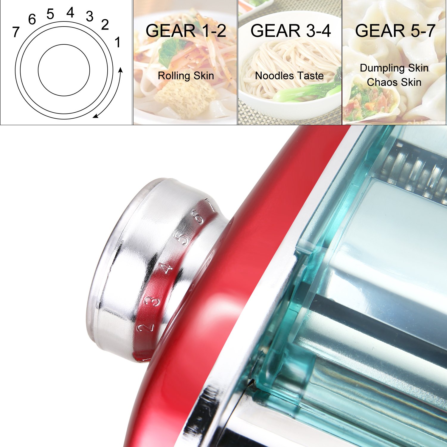 SAILNOVO Stainless Steel Noodles Machine, Red Pasta Dough Roller with Suction Base, Hand Crank and Clamp, 2 Blades for Spaghetti and Fettuccine