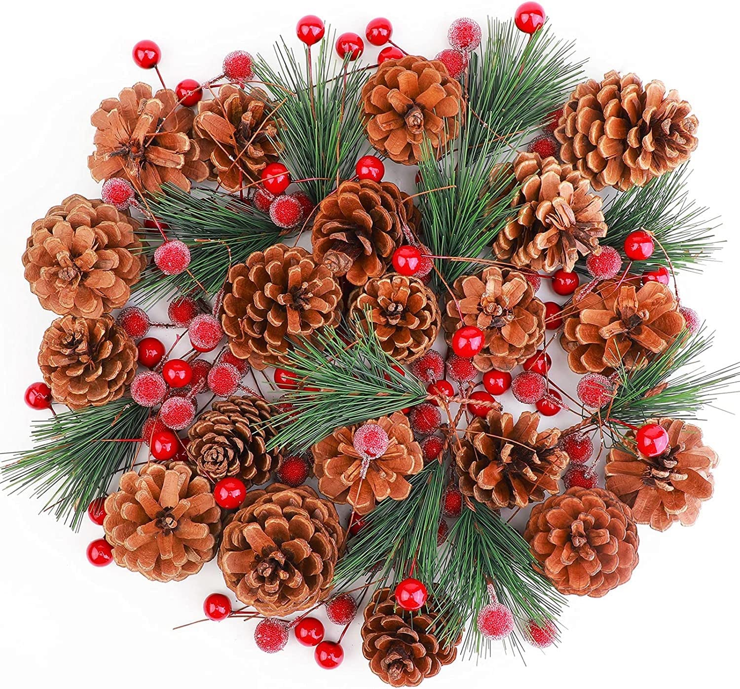 KAHEIGN 130Pcs Christmas Artificial Pine Cone Berry Set, 20Pcs Natural Pinecones, 100Pcs Red Berries, 10Pcs Pine Branches, Christmas Wreath Making Decoration Xmas Tree Ornament Home Winter Party