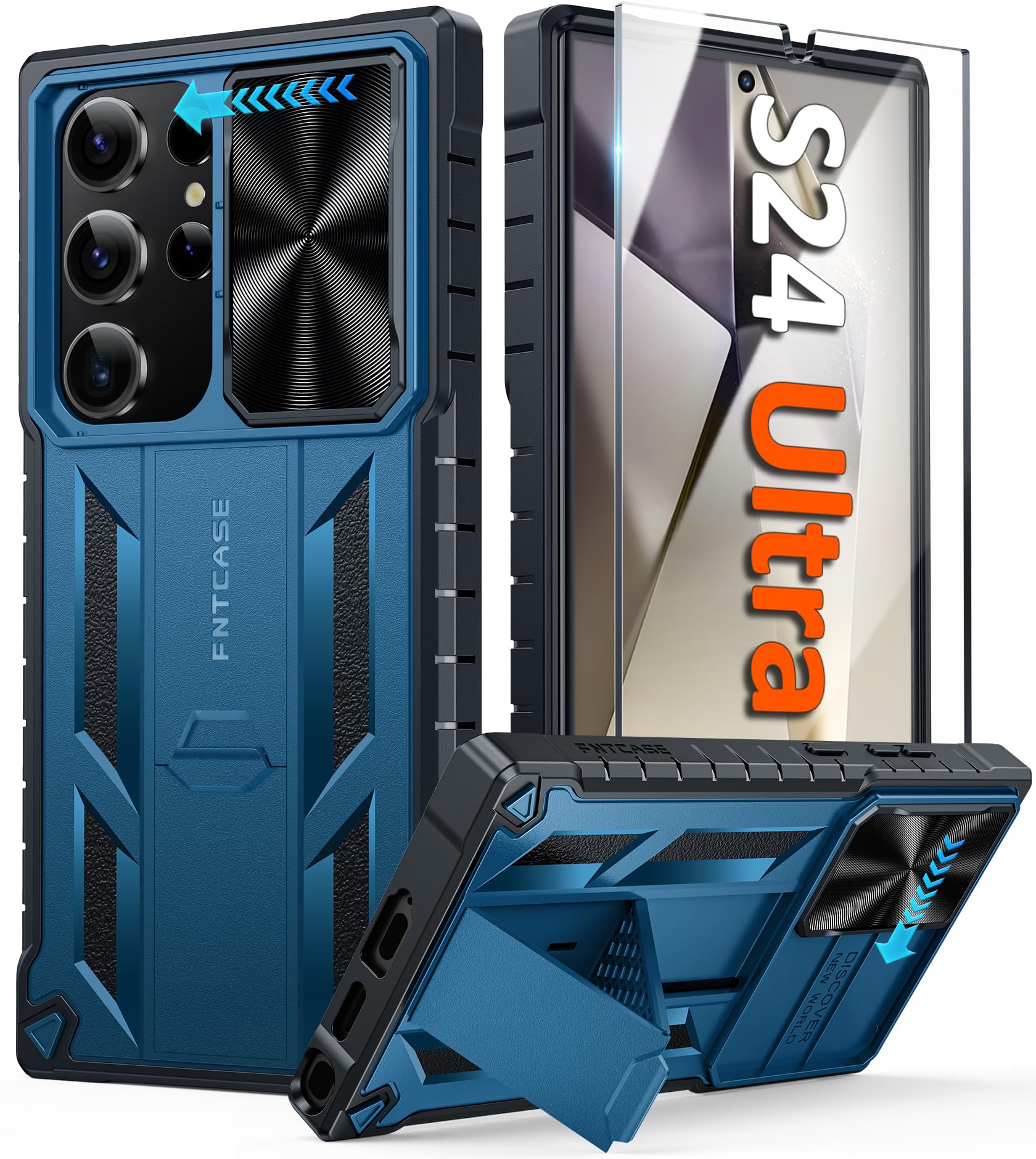 Photo 1 of FNTCASE for Samsung Galaxy S24-Ultra Case: Military Grade Drop Proof Rugged Protective Mobile Phone Cover with Kickstand & Slide | TPU Shockproof Textured Bumper Heavy Duty Protection, 6.8 Inch Blue