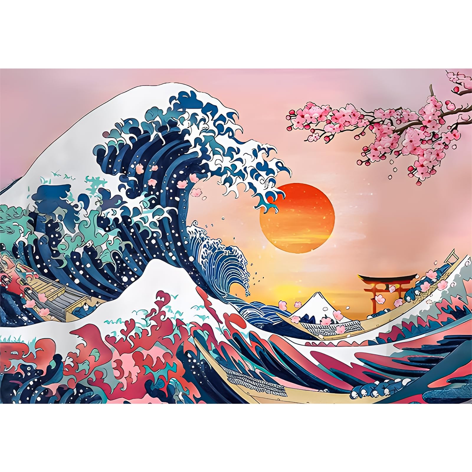 DAERLE Cherry Blossom Diamond Painting, 5D Diamond Art Kits Landscape, Diamond Painting Kits for Adults, Diamond Art Kits Waves Diamond Picture Arts for Home Wall Decor 40x30cm