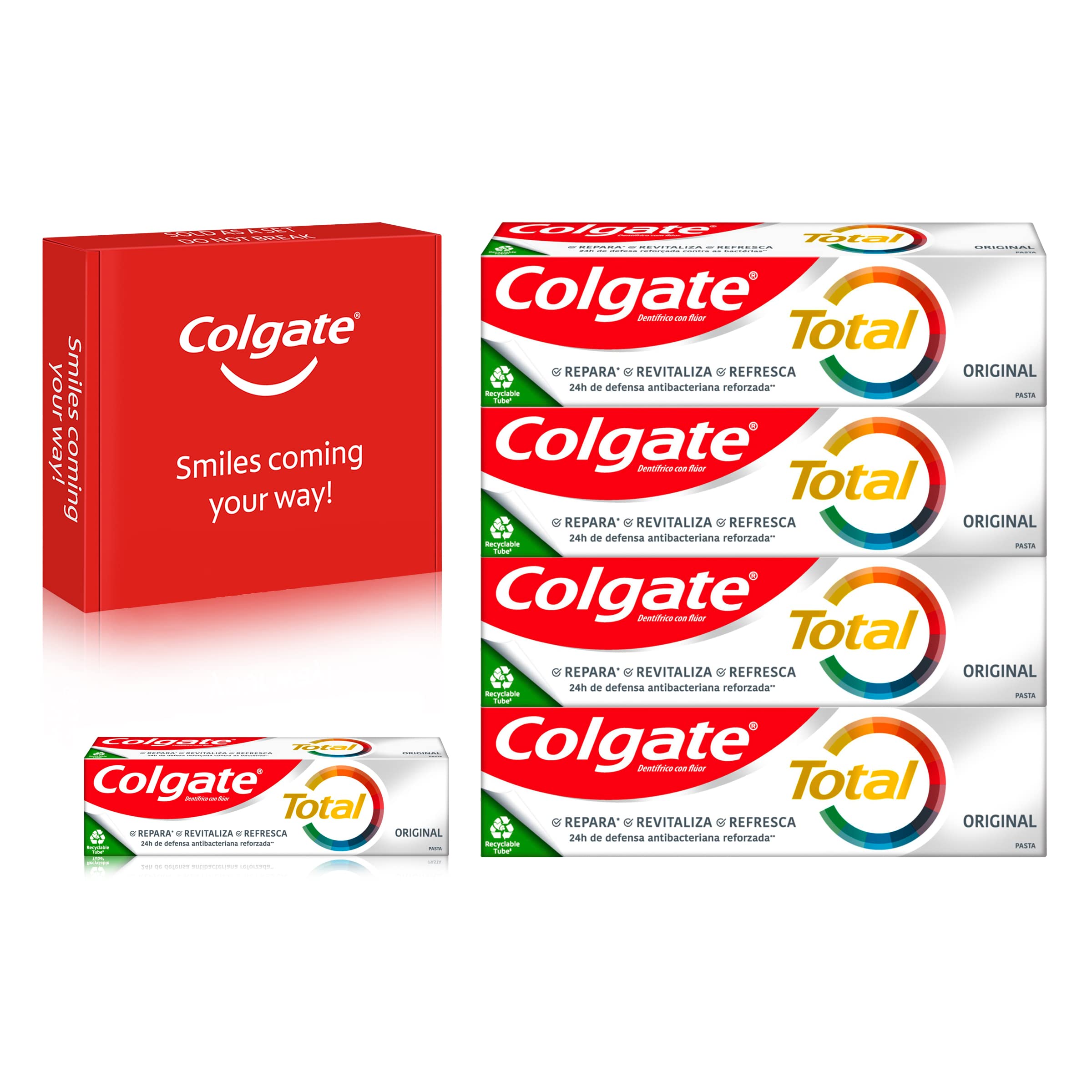 Colgate Total Original Toothpaste Multipack (4 x 75ml + 1 x 20ml), 24 hour antibacterial toothpaste, protects against cavities, contains fluoride and strengthens enamel