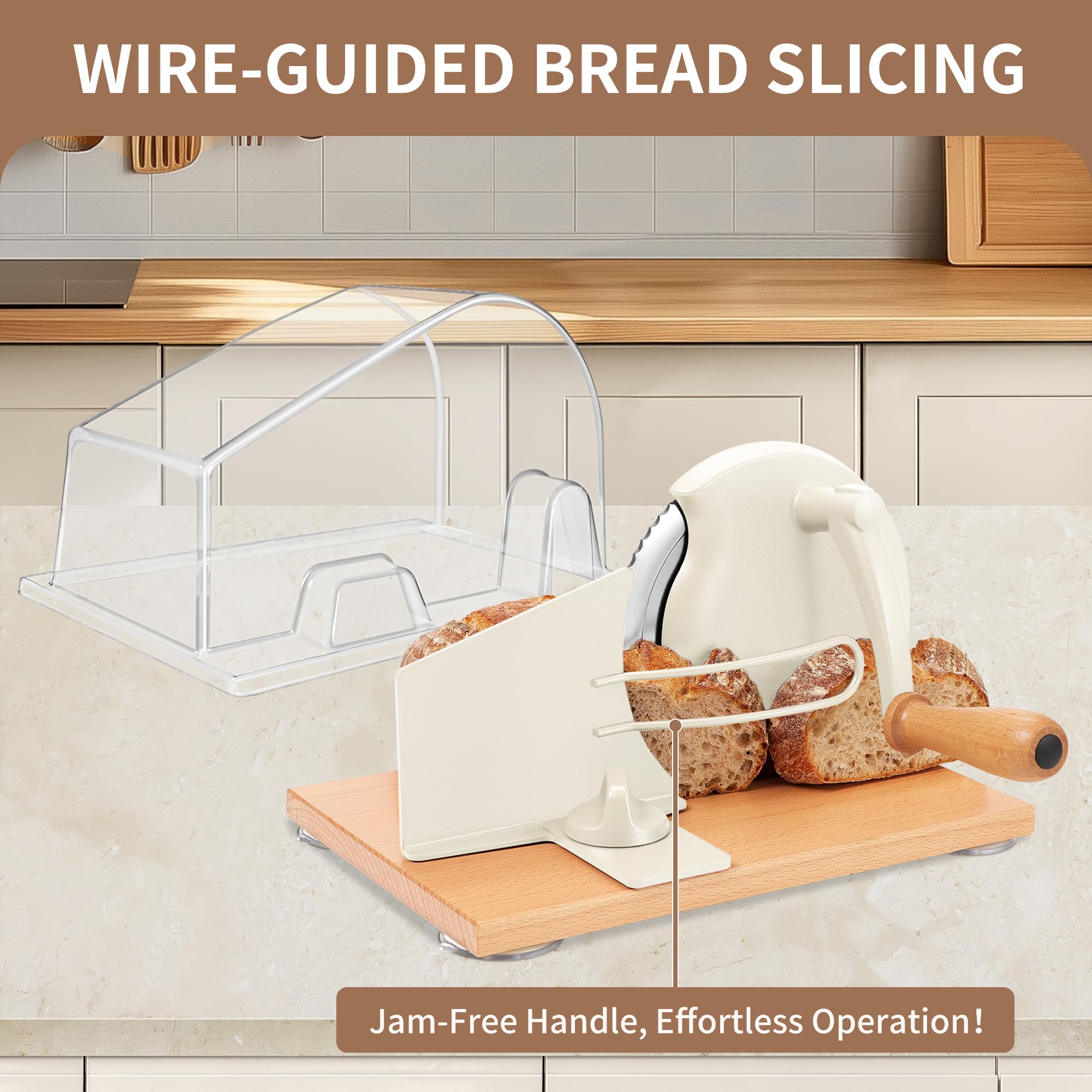 CAWIU Upgraded Manual Bread Slicer for Homemade Sourdough, Adjustable Thickness Hand Crank Bread Cutter with Stainless Steel Blade, Slicing Guide, Suction Cups & Protective Cover (Cream)