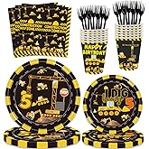 100 Pcs Construction 5th Birthday Party Supplies Dump Truck Theme Five Decorations Tableware Includes Plates, Cups, Napkins for Boys Construction Five Years Old Birthday Party Decorations Favors