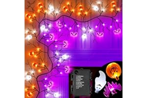 JO.DEVIVRE 9FT 72 LED Halloween Decorations Willow Vine Twig Garland with 8 Modes Orange Purple White Lights & Timer & 8 Pumpkin Bat Ghost,Battery Operated Halloween Garland for Mantel Table Indoor Home Decor