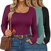 Ficerd 3 Pack Women's Plus Size Thermal Shirts Fleece Lined Scoop Neck Long Sleeve Tops Fitted Winter Base Layer Underwear