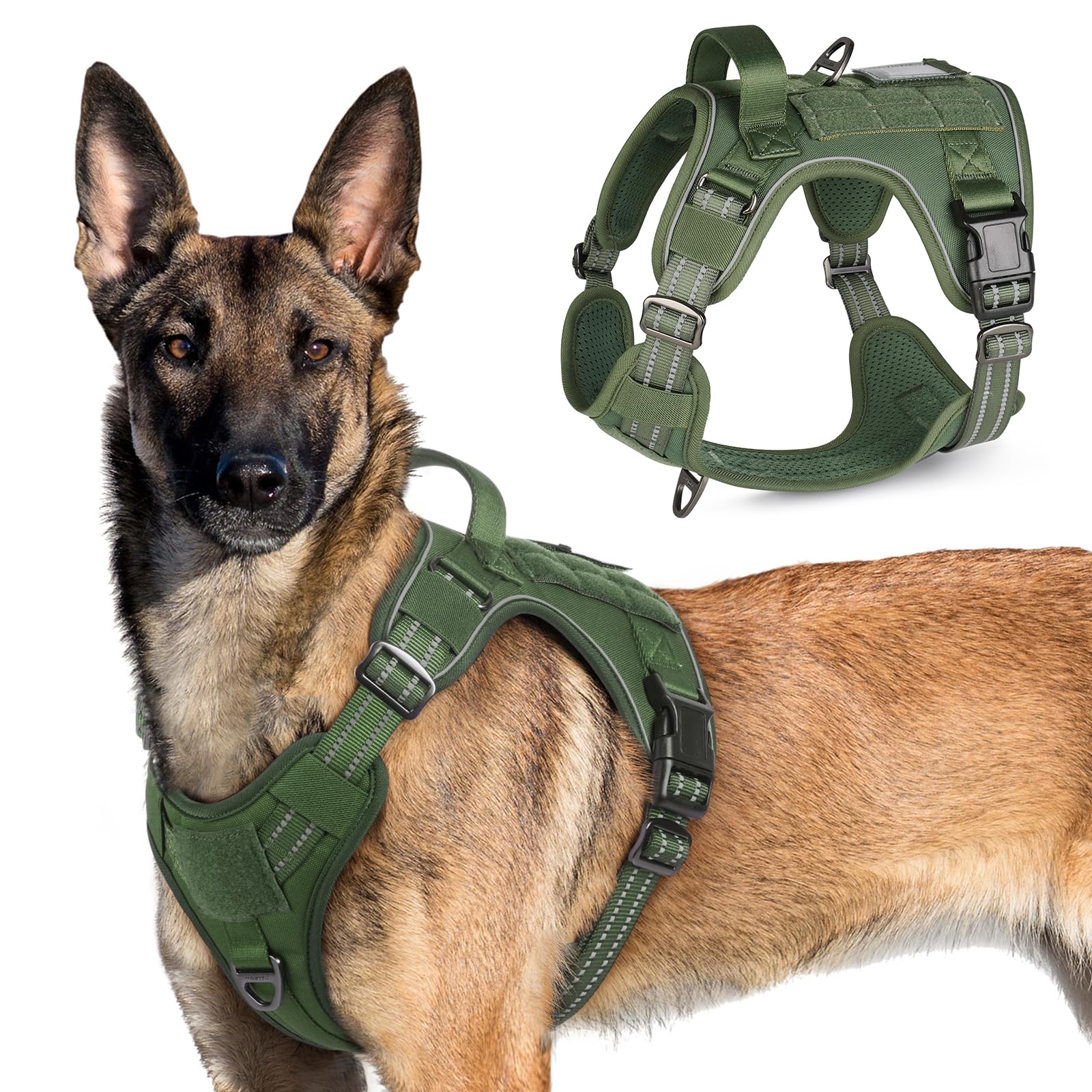 Photo 1 of rabbitgoo Tactical Dog Harness for Large Dogs, No Pull Military Service Vest with Handle & Molle, Easy Control for Training Walking, Adjustable Reflective Straps, Green, XL