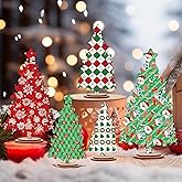 Zzbakress 5 Pcs Rustic Wooden Christmas Tree Table Decor - Freestanding Shelf Centerpiece for Home Mantel or Tiered Tray