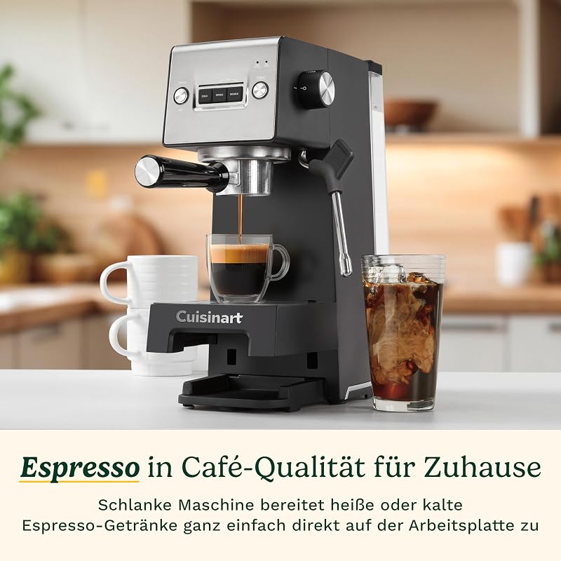 Slim Kaffeemaschine | Espresso, Americano, Cold Brew | Integrierter Milchaufschäumer | 15 Bar | Siebträger ohne Boden | kompakt | Reisebecher | 1,5L Tank, Edelstahl Slim