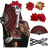 6Pcs Dia De Los Muertos Costume with Hair Clips, Fan, Gloves, Face Tattoos | Mexican Shawl, Day of the Dead Costumes for Women, Dia De Los Muertos Costume Set for Halloween Parties, Parades, Cosplay