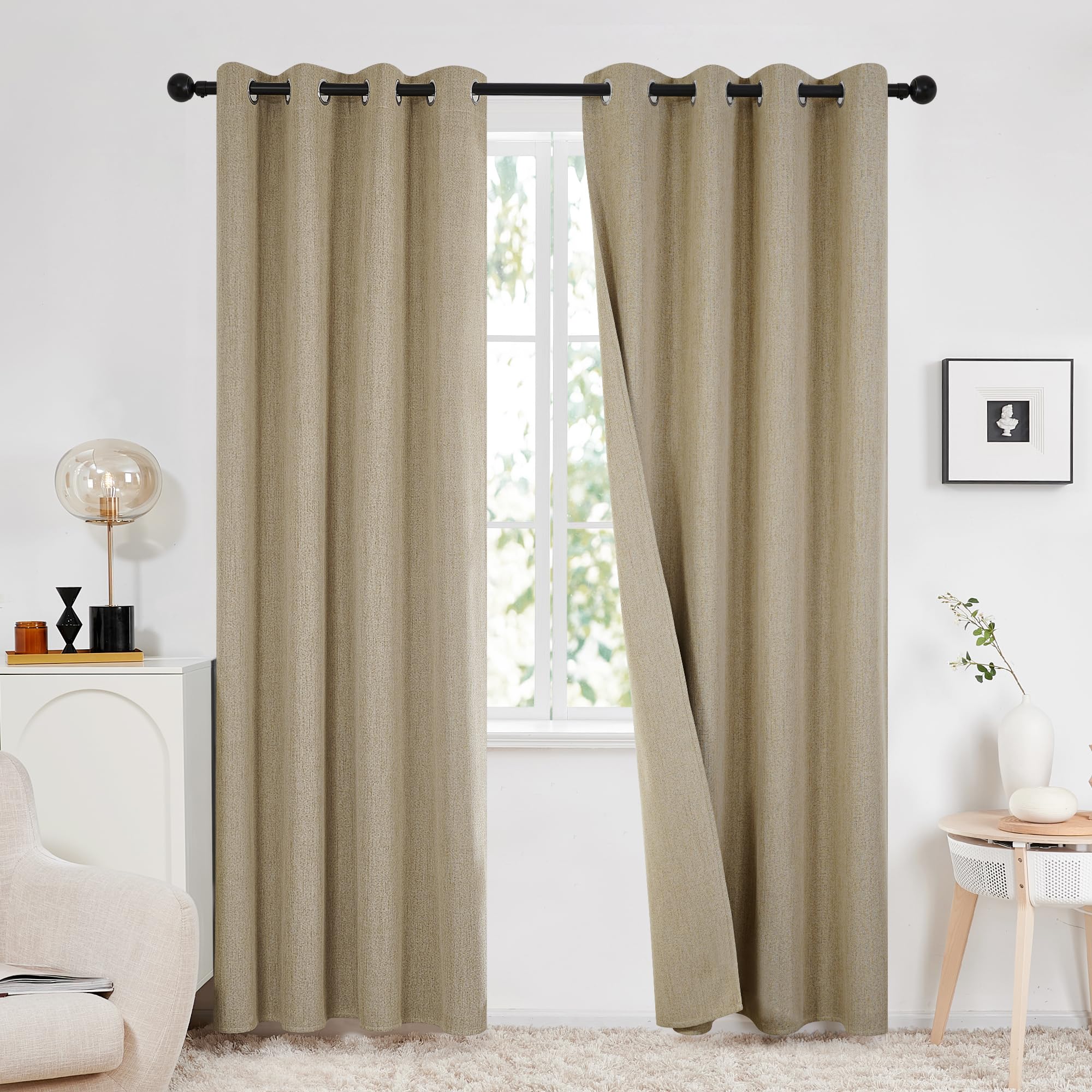 Deconovo Full Blackout Curtains with Double-sided Faux Linen, Eyelet Curtains 84 Inch Drop for Living Room, Taupe, 52x84 Inch(Width x Length), 2 Panels
