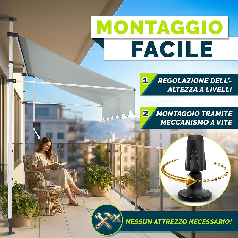 Tenda da Sole a Bracci con Manovella | Protezione Balcone, Regolabile, Senza Forare, a Manovella | Tenda resistente per Esterno (Grigio chiaro, 250cm)