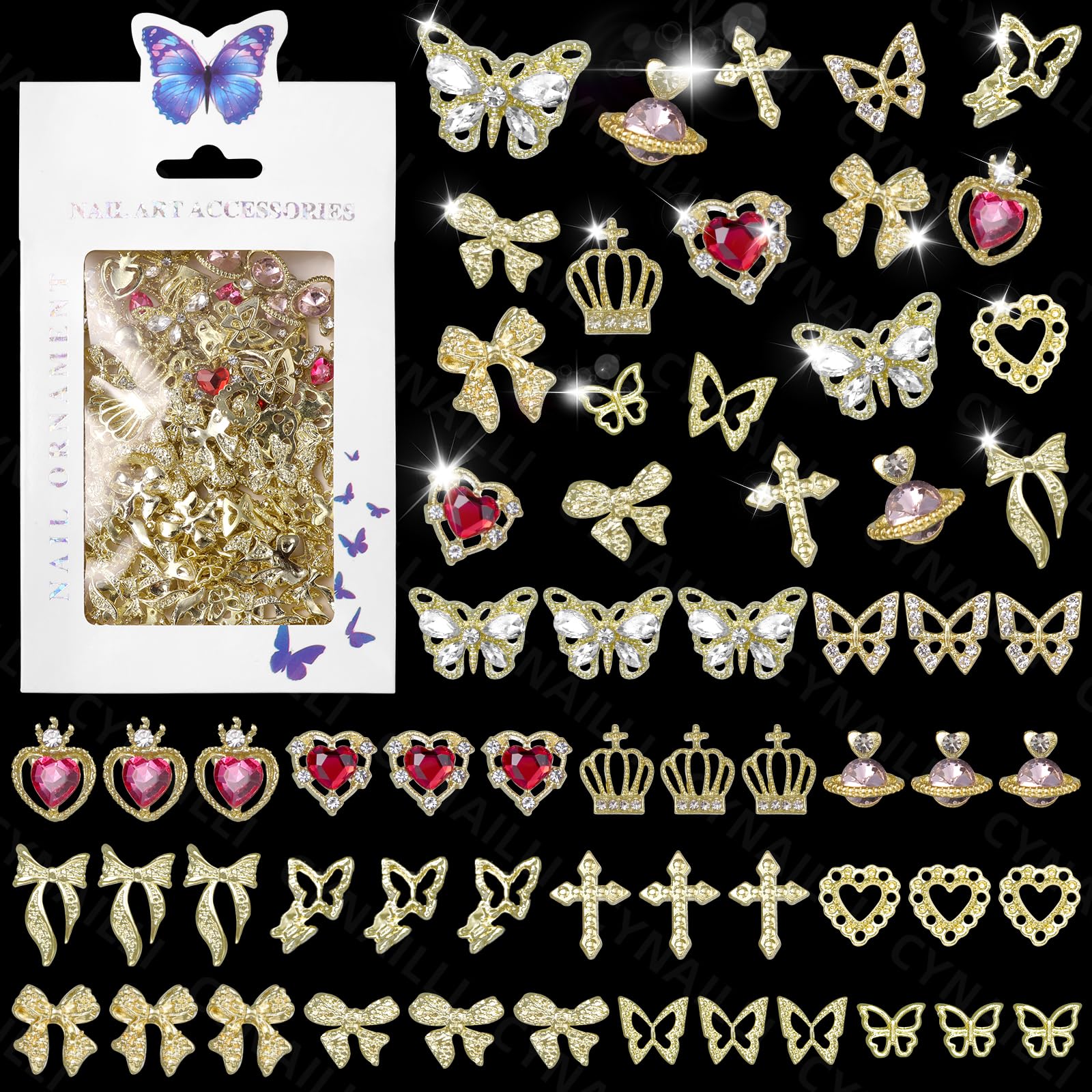 Photo 1 of 110 Pcs Gold Nail Charms and Gems, Cross Nail Charm, 3D Butterfly Heart Nail Gems Charms, Planet Crown Nail Art Jewels, Cross Bows Charms for Alloy Nails Art Design DIY Accessories