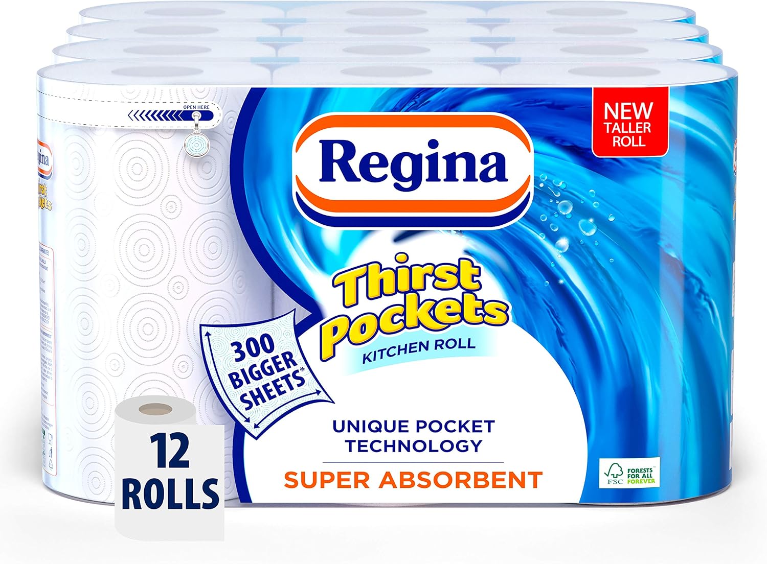 Regina Thirst Pockets Kitchen Roll, 12 Rolls, 1,200 Super Absorbent Sheets, Unique Pocket Technology