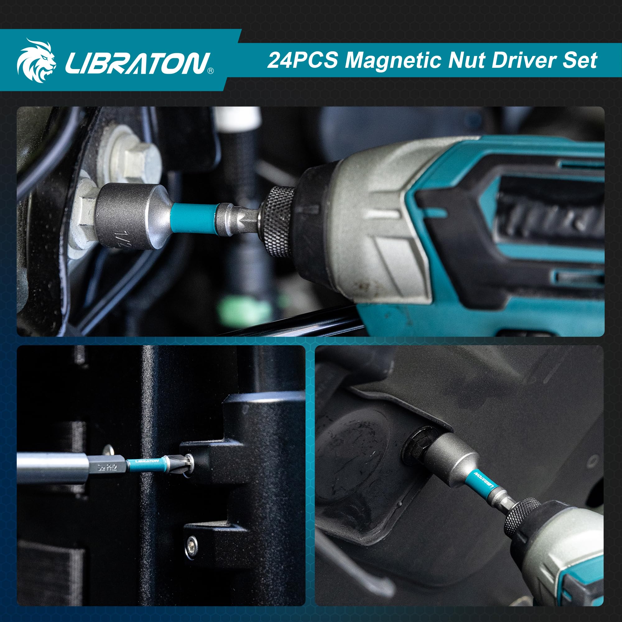 LIBRATON 24 Magnetisches Steckschlüssel-Set, Schlagbohrschrauber-Bit-Set 1/4 Zoll, Metrische und SAE Magnet Stecknuss für Schlagbohrmaschinen, Stecknuss Adapter, Bithalter, Bohrer, mit Werkzeugkasten 7