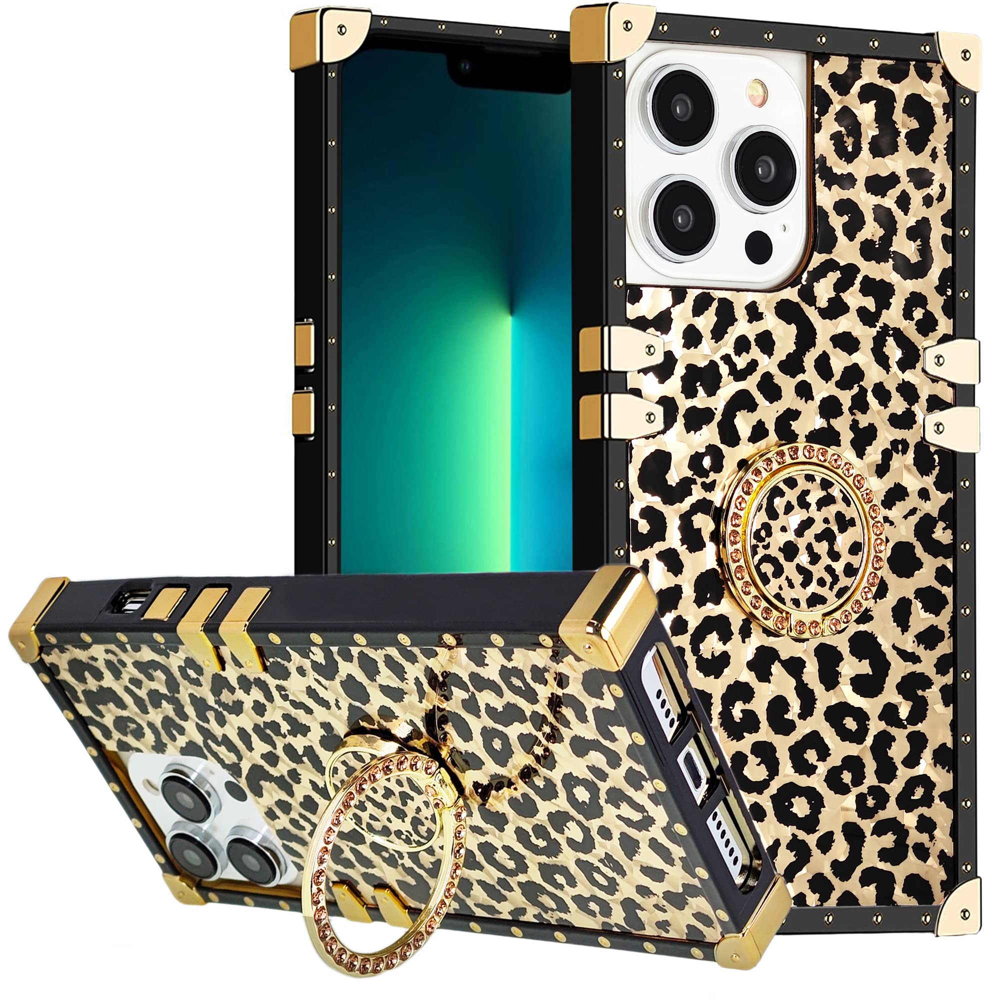 DMaos for iPhone 15 Plus/iPhone 14 Plus Case with Ring for Women, Gold Gorgeous Rhinestone Bling Diamond Kickstand, 6.7'' - Leopard