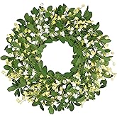 Vlorart Eucalyptus Wreath, 24 Inch Spring Summer Artificial Eucalyptus Floral Wreath with Yellow and White Blossoms for Front Door, Window, Wall, Porch, Farmhouse, All-Season Indoor Outdoor Home Decor